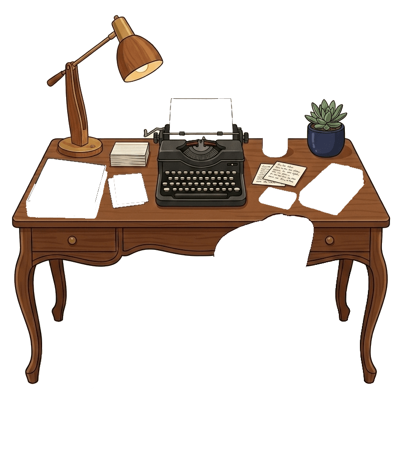 A writer's desk with a typewriter and lamp